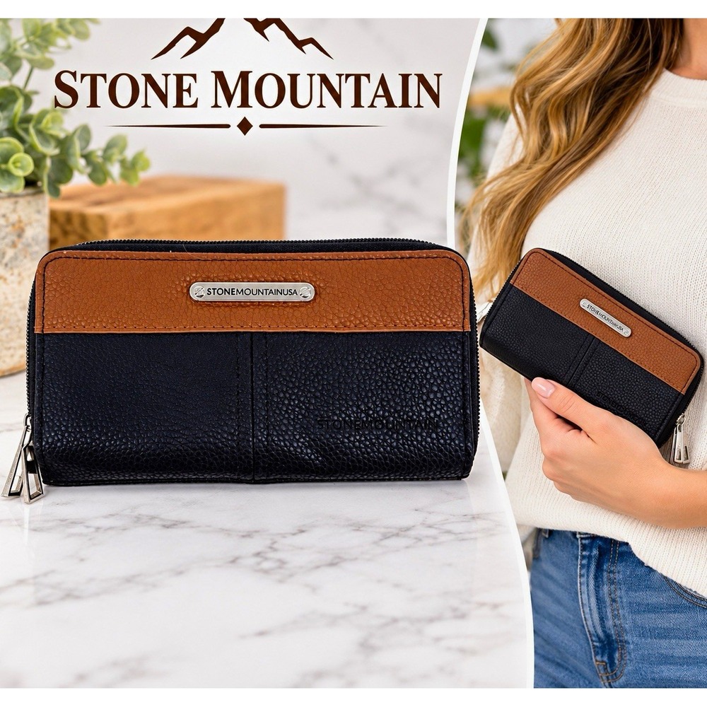 Stone Mountain USA Black Brown Double Zip Around Wallet Clutch Card Organizer